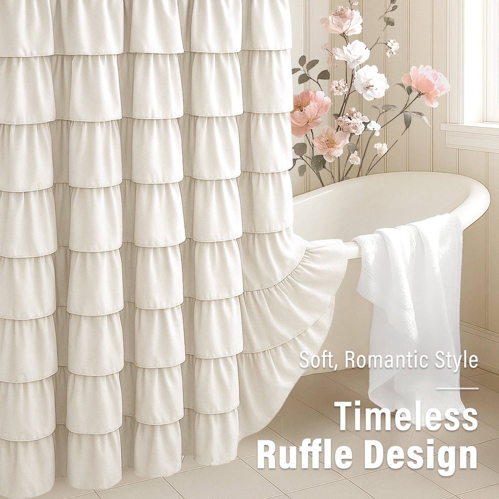 Seasonwood Ruffle Shower Curtain,Ivory Farmhouse Style Fabric Bathroom Curtain,36 x 72 Inch