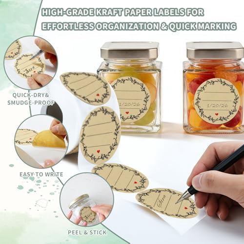 500pcs Label Stickers for Jars and Lids, Floral Heart & Lace Design with 3 Lines for Writing, Kraft Sticker Labels Pantry Labels, Mason Jar Labels Canning Labels Gift Tags(2" Round)