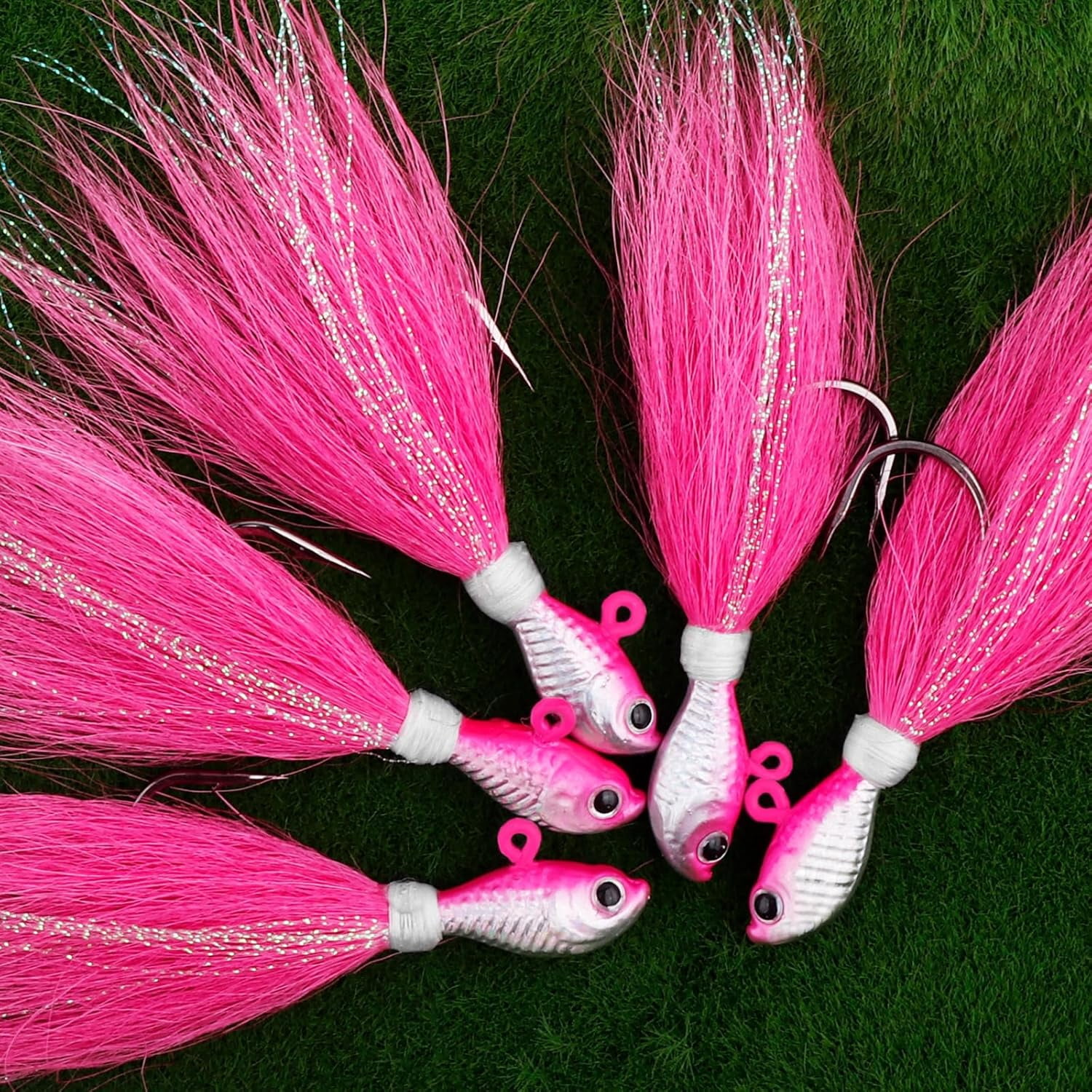 5-Pack Bucktail Jigs Hair Jigs Saltwater Freshwater Fishing Bucktail Lures Surf Fishing Jig Heads White Luminous Chartreuse Swimbait Jig for Bass Flounder Striper Bluefish Halibut Redfish