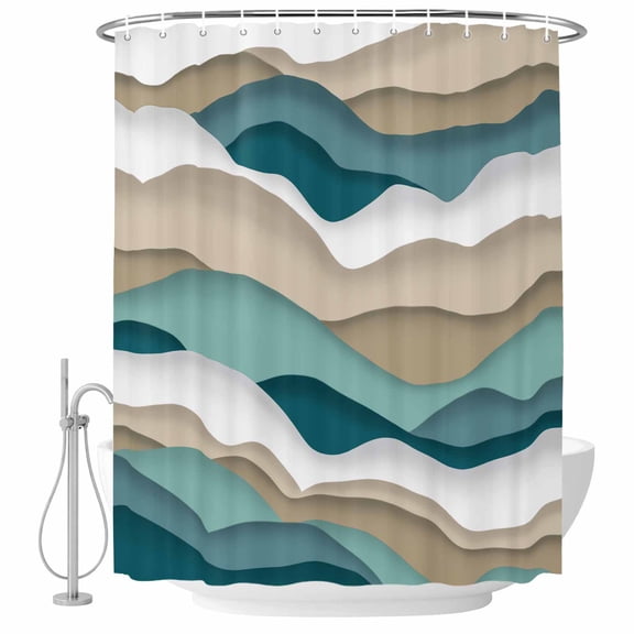 Turquoise Brown Sea Wave Fabric Shower Curtain Abstract Geometric Washable Shower Curtains for Bathroom, Waterproof Bath Curtain with Hooks Home Decor 36x72in