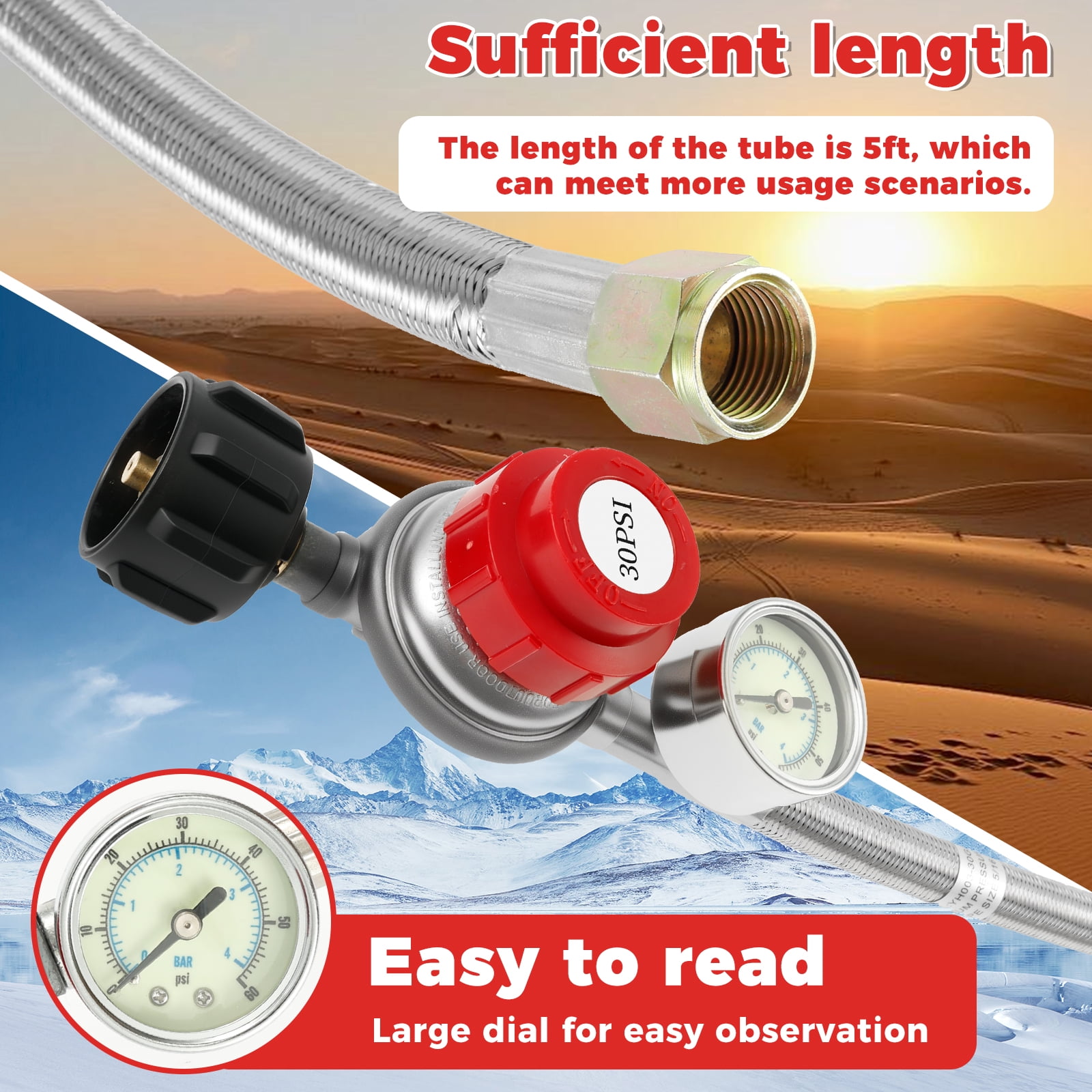 5FT Stainless Steel Brass Propane Regulator And Hose 30 PSI Adjustable Heat Resistant Gas Grill Regulator Hose for Turkey Fryer Fire Pit Camping Stove