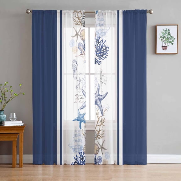 Coastal Navy Sheer Curtains 72 Inch Length 2 Panels Set for Living Room/Bedroom, Blue Starfish Coral Nautical Striped Semi Curtain Sheers Drapes Rod Pocket Curtains Window Treatment Set 52''x72''x2