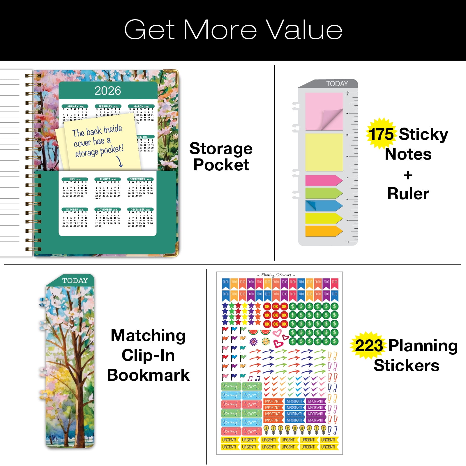 Academic Year 2025-2026 Planner, June 2025 - July 2026, 8.5"x11" Daily Weekly Monthly Planner Yearly Agenda, Hardcover, Bookmark, Pocket Folder and Sticky Note Set (Summer Bliss) (Watercolor Tree)