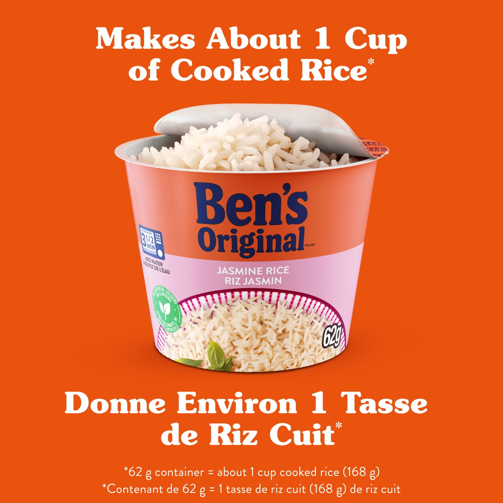 BEN'S ORIGINAL™ Jasmine Rice Single Serve Cup, Snack or Side, Microwave in 3.5 Minutes, 62g, BEN JASMINE SINGLE SERVE CUP 62g