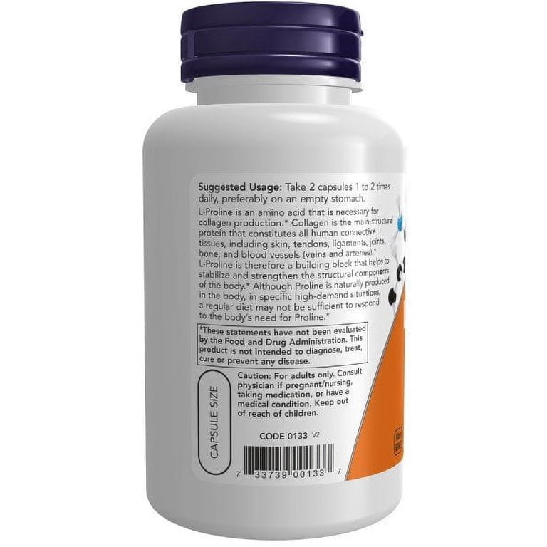 l-glutamine 40mg l-proline 60mg l-taurine 60mg l-carnitine 220mg nac 75mg NOW Foods, L-Proline, 500 mg, Vegetarian Collagen Support