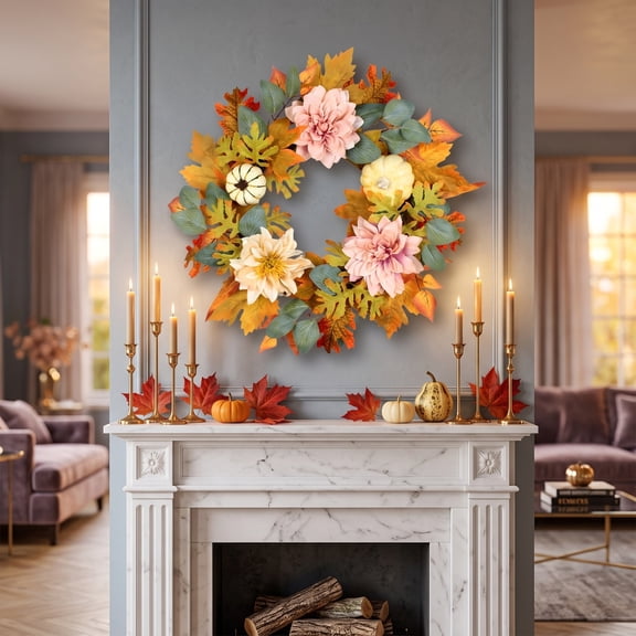 Bcylexb Fall Wreaths for Front Door, 21.7" Artificial Floral Wreaths with Maple Leaf Rustic Flower Wreaths for Wall Porch Window Fireplace Thanksgiving Decor
