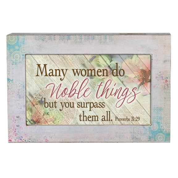 Many Women Do Noble Things Aqua Medallion Jewelry Music Box Plays How Great Thou Art