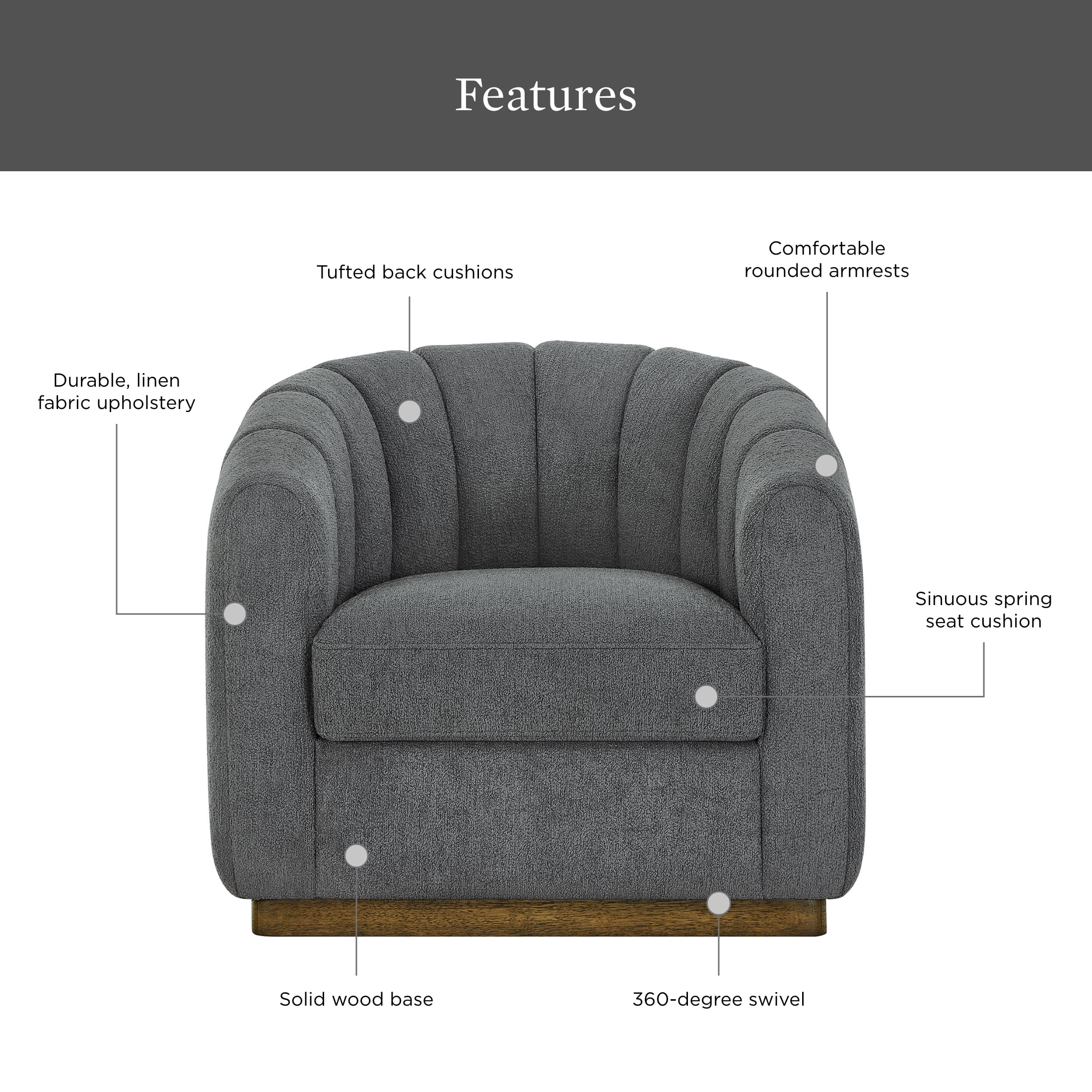Better Homes & Gardens Lillian Accent Swivel Chair, Charcoal Boucle