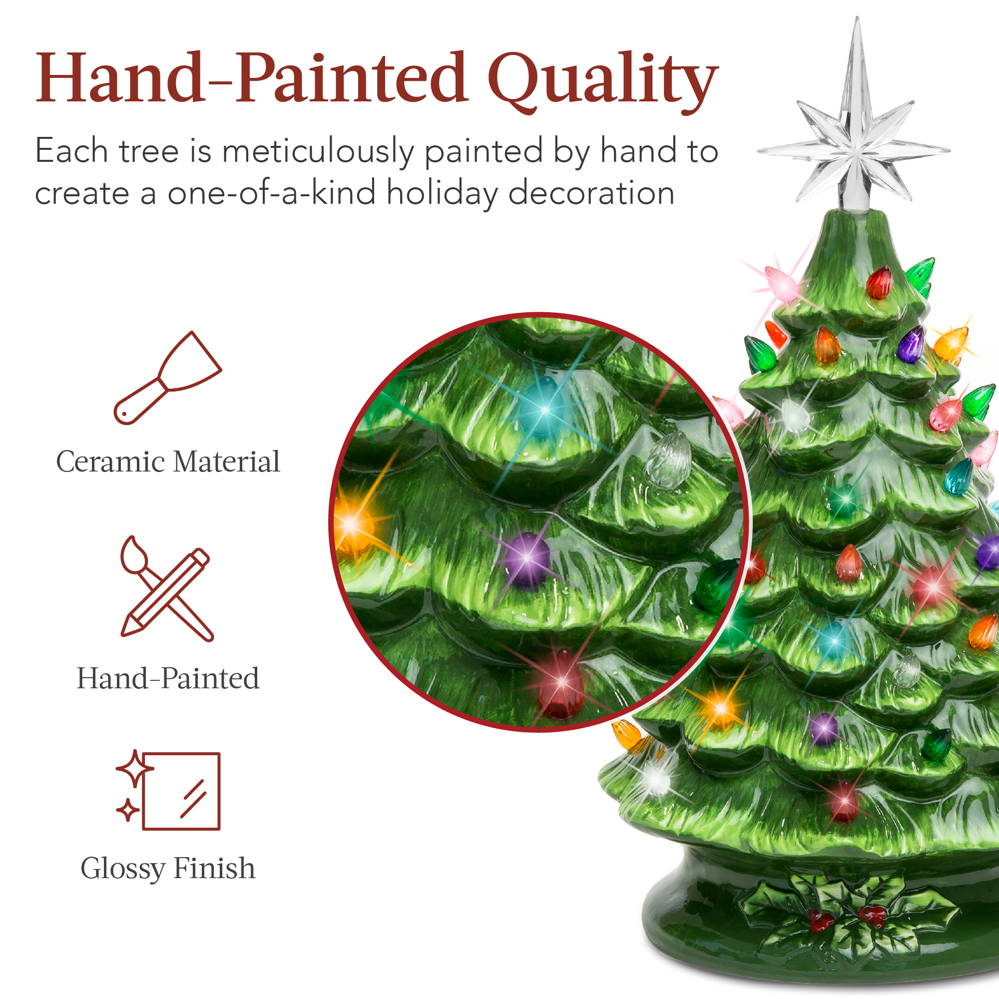 Best Choice Products 15in Ceramic Christmas Tree, Pre-lit Hand-Painted Holiday Decor w/ 64 Lights - Green w/ Multicolor Bulbs - image 4 of 7
