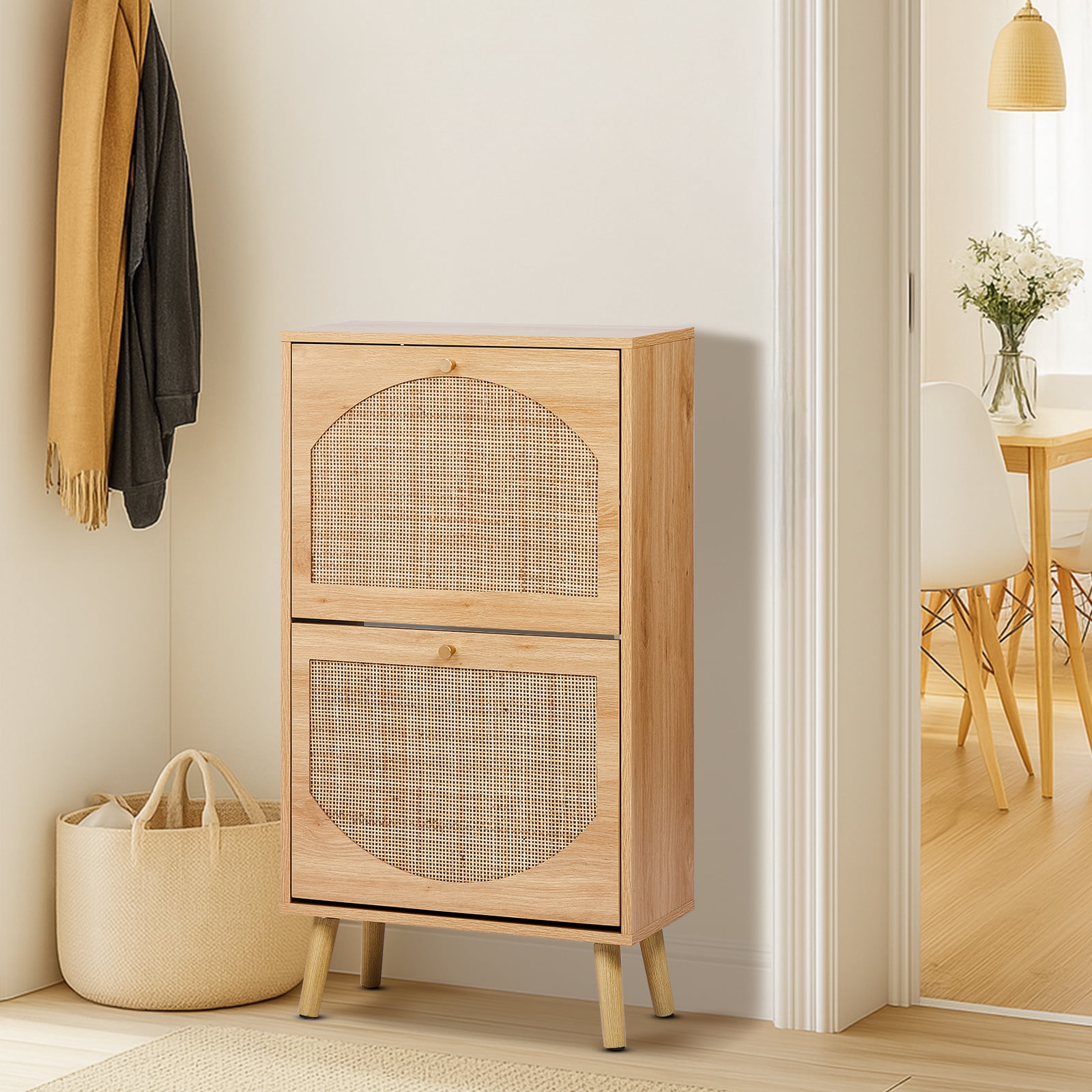 Flip Door Rattan Shoe Cabinet, High Density Fiberboard with Melamine Laminate, Mid Century Modern Shoe Storage Organizer, Slim Space Saving Shoe Rack for Entryway Hallway Small Spaces