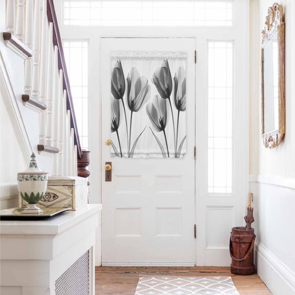 Tulip Black White Door Curtains for Door Window, French Sidelight Front Back Door Curtains With Tieback, Spring Floral Botanical Bloom Kitchen Rod Pocket Drapes Panel, 54"x40"