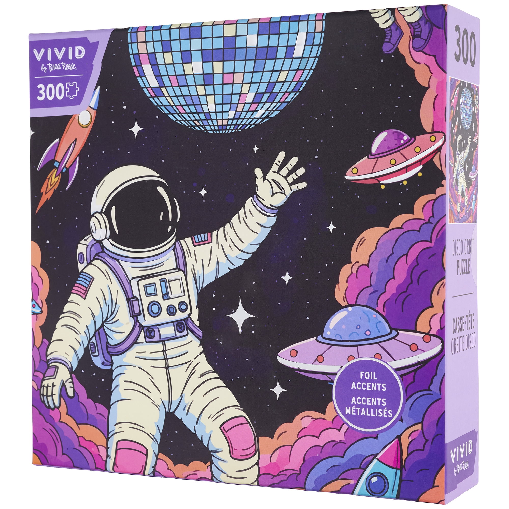 Vivid by Brea Reese: 300 Piece Puzzle - Disco Orbit - Astronaut Space Dance Scene Jigsaw, Soft-Touch Pieces, Metallic Foil, Image Reference Poster