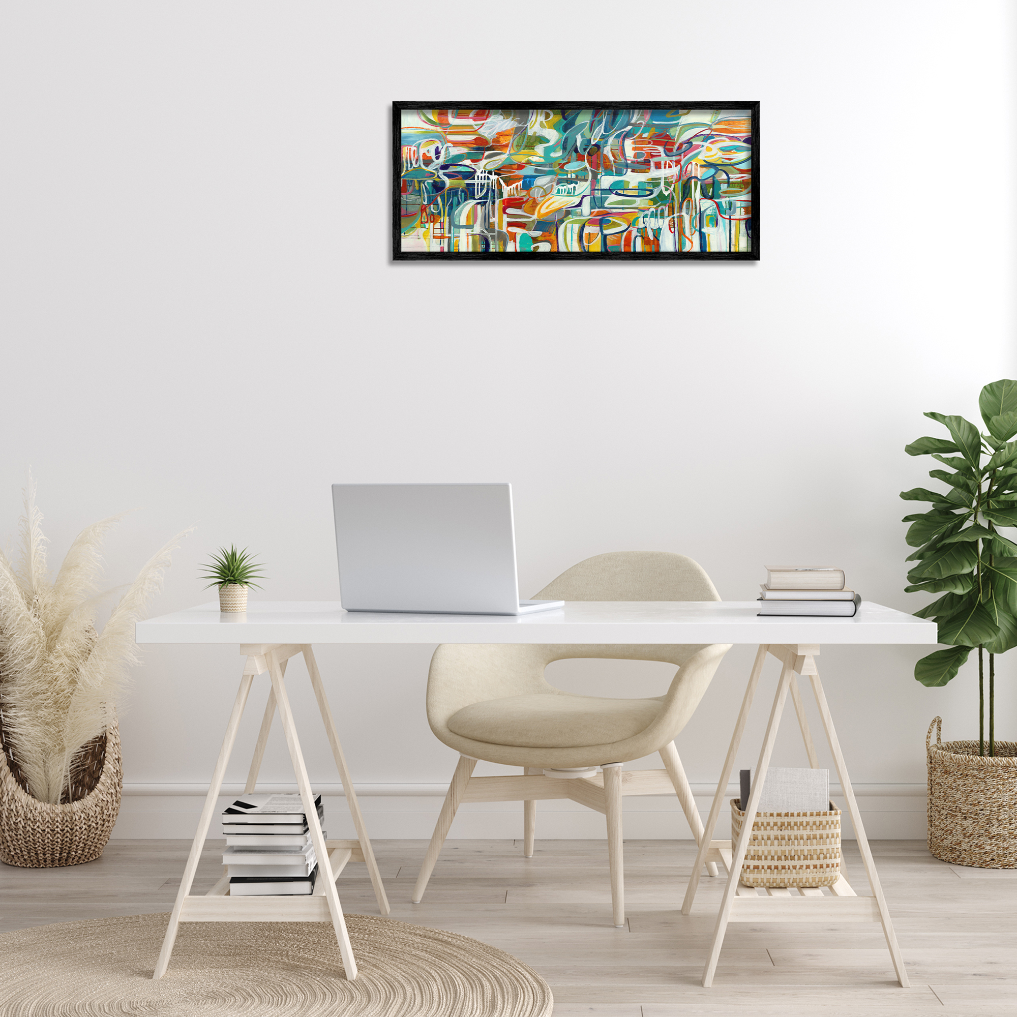Stupell Industries Chaotic Doodle Shapes Abstract Painting Black Framed Art Print Wall Art, 30 x 13