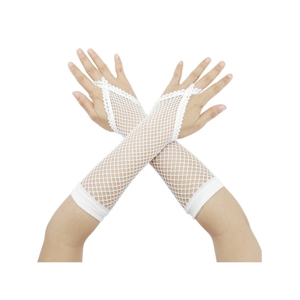 Guantes de red para mujer INSPIRE CHIC, guantes sin dedos de encaje elástico hasta el codo con bucle para los dedos, talla única, color blanco