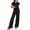 Black, variant on Women Two Piece Outfits Crochet Sheer Knit Sweater Top Wide Leg Pants Lounge Matching Sets Sweatsuit Travel Clothes XXL