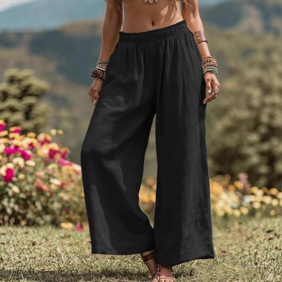 Vmvidoty Linen Pants Women Wide Leg Summer Flowy Pants Beach Vacation Clothes Elastic Waist Travel Trousers with Pockets Black S