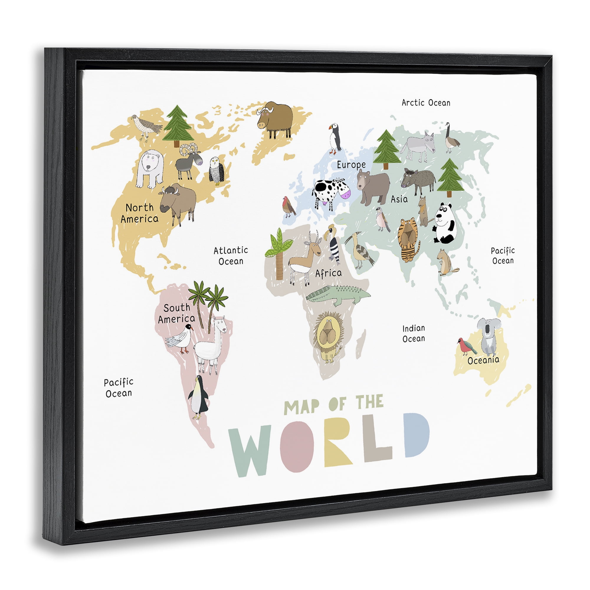 Map Of World Pastel Animals Black Framed Floater Canvas Wall Art, design by Carla Daly