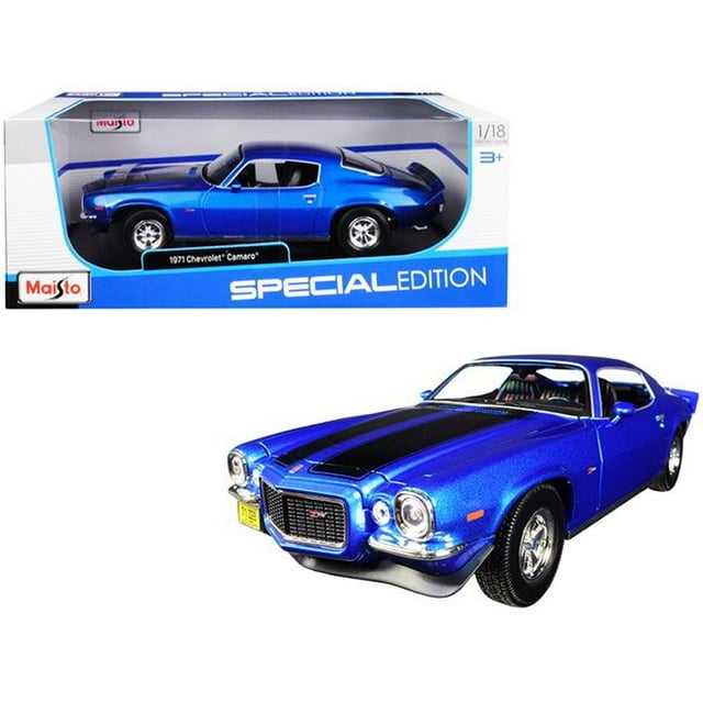 Maisto 31131bl 1971 Chevrolet Camaro Rayures Modèle Réduit 1 par 18, Bleu Métallique & Noir