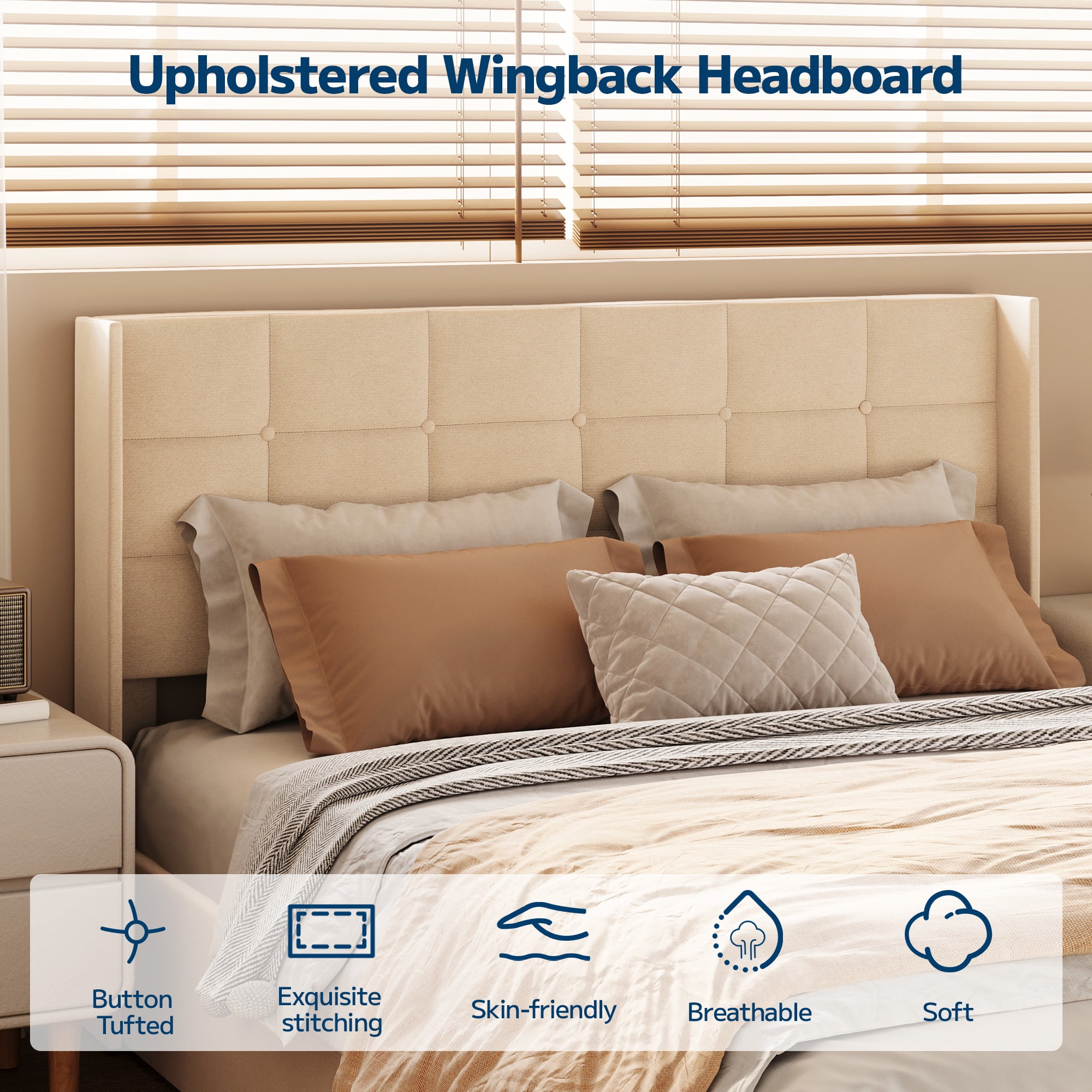 Asofer Queen Storage Bed Frame with Hydraulic Lift, Upholstered Headboard & Wood Slats, Beige