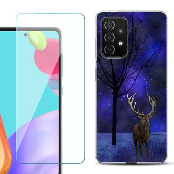 Slim-Fit Flexible Gel TPU Phone Case compatible with Samsung Galaxy A52 5G, with Tempered Glass Screen Protector, by OneToughShield ® - Midnight Deer