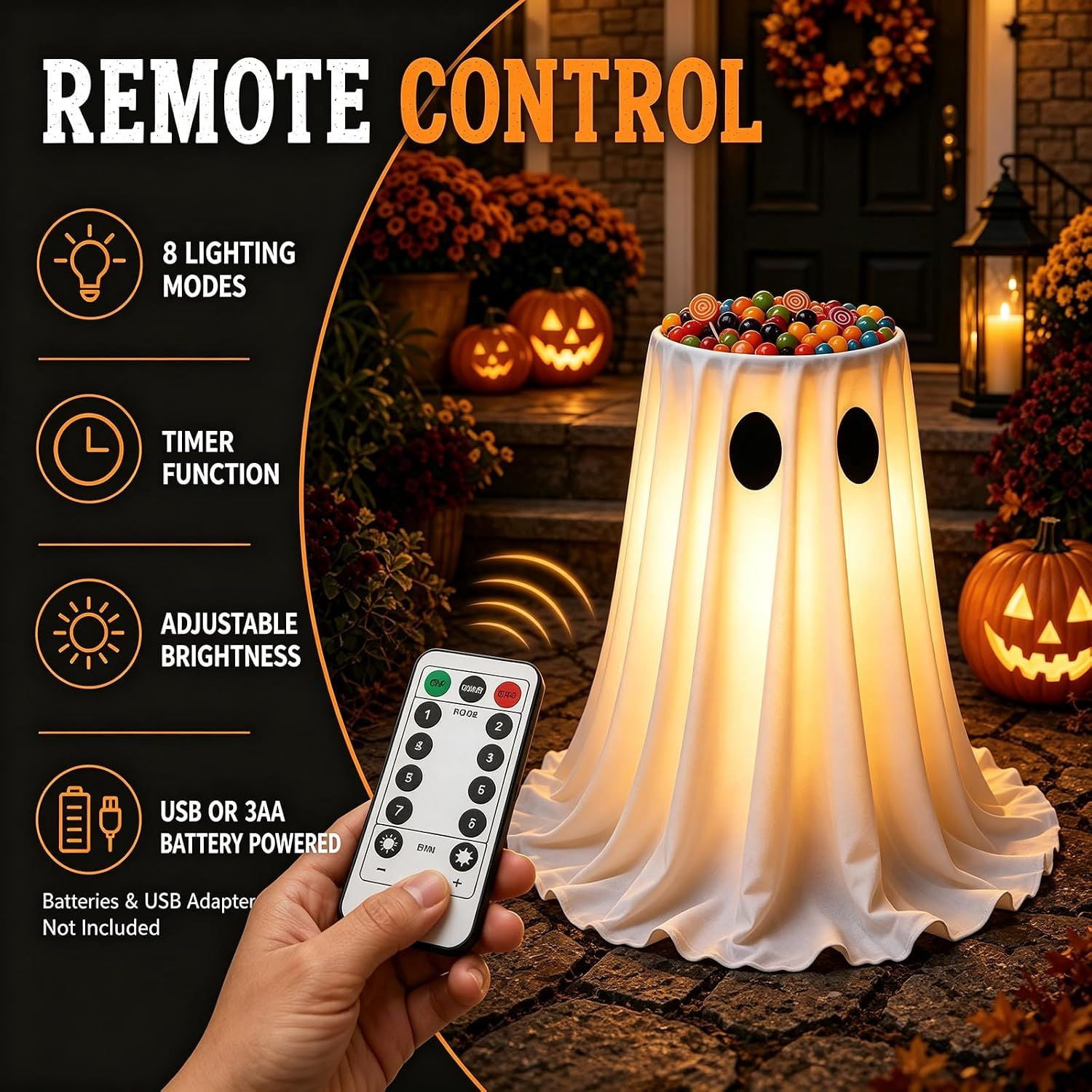 Glowing Ghost Candy Bowl Holder, 30 in LED Halloween Decoration with Remote, 8 Light Modes, USB or Battery Power, Indoor Outdoor Porch Display