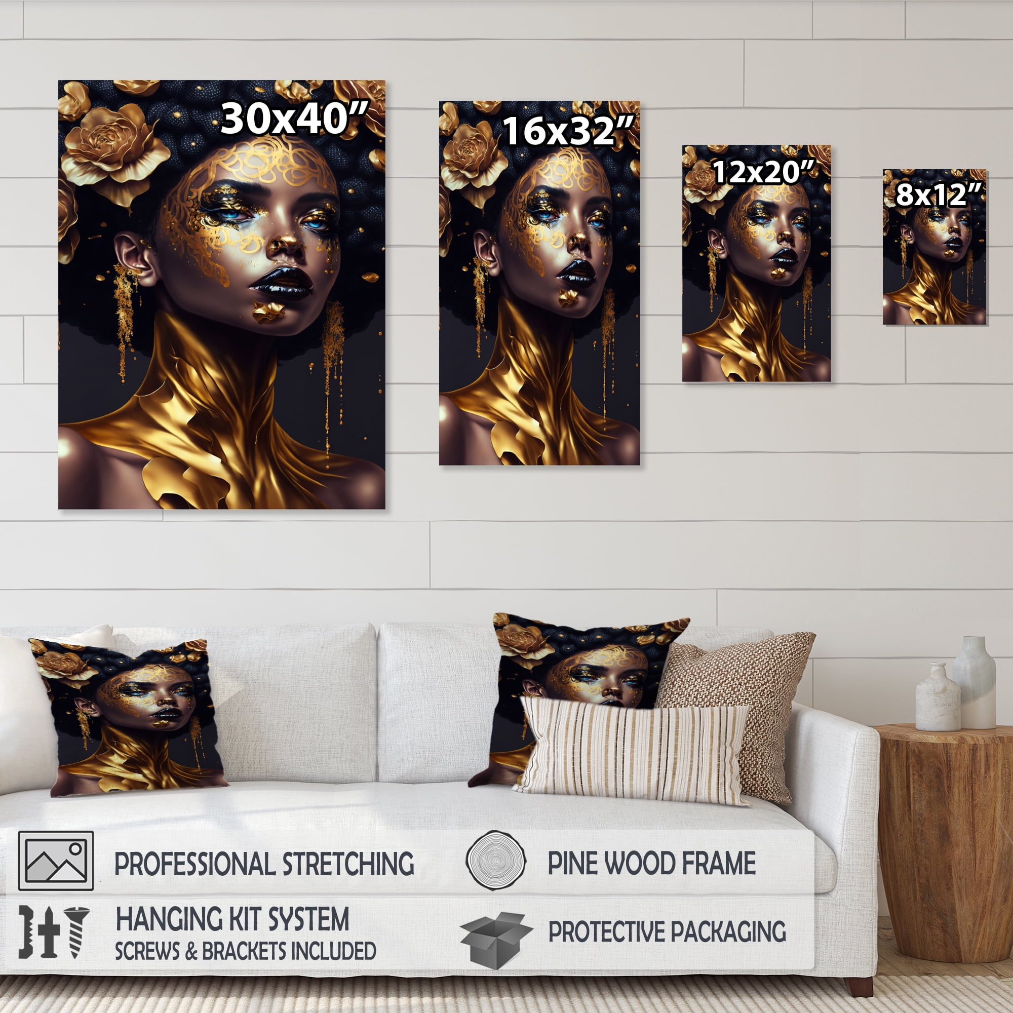 Designart Gold And Black Floral Woman III Canvas Wall Art