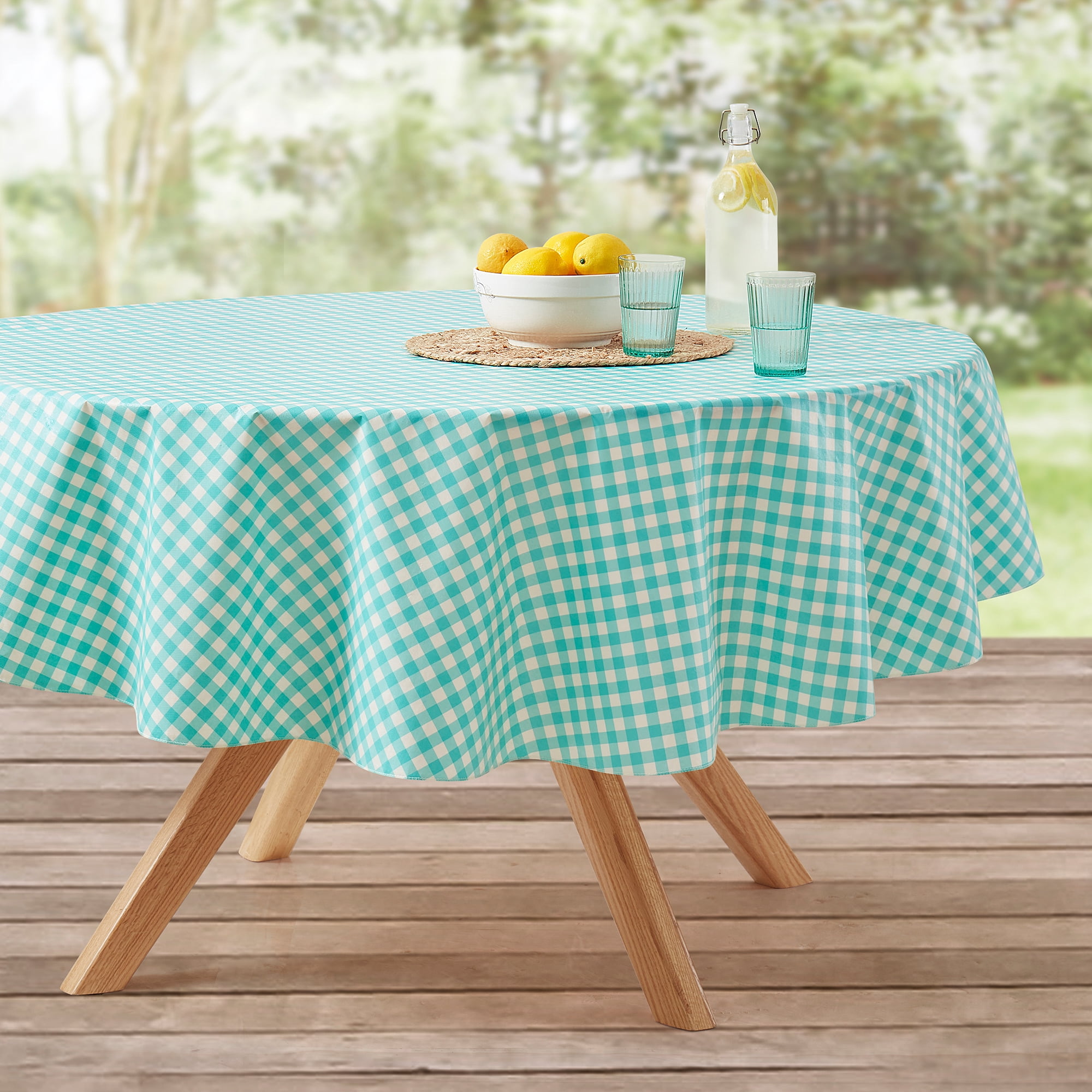 Mainstays Summer Fun Tablecloth, Table Decorations 70" Round - Green Checkered Gingham
