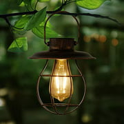 Solar Lantern Outdoor Hanging Light-Vintage Metal Solar lamp with Warm White Edision Blub，Waterproof Light for Pathway Garden Patio Yard Tree Decoration
