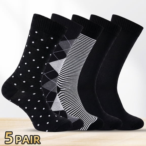 LAOPAO Men's Dress Socks 5-Pack, Black Argyle Striped Dotted Crew Socks, Breathable Business Casual Socks for Men