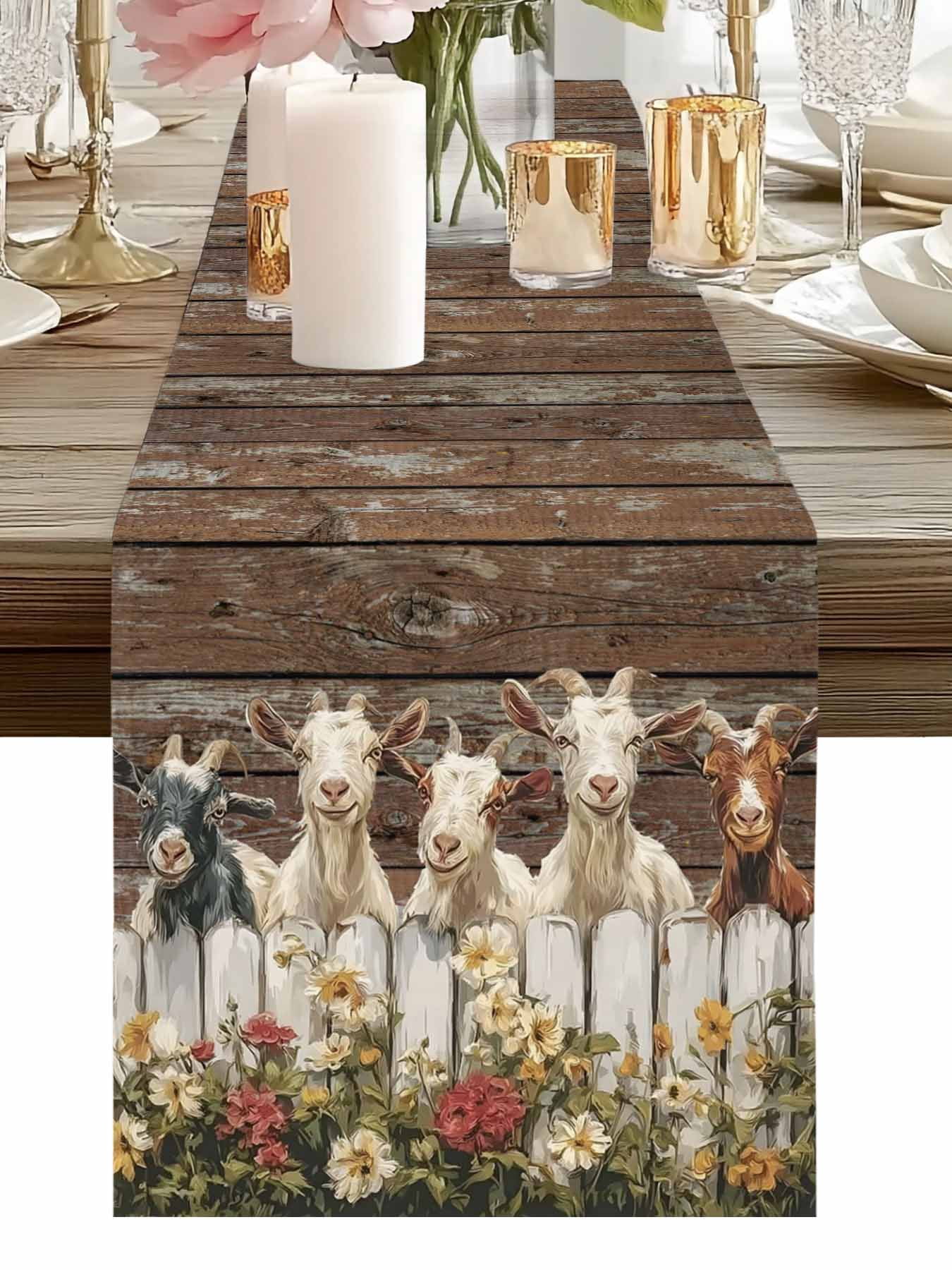 Goats Table Runner, Retro Farmhouse Fence Floral Wood Grain Washable Cotton-linen Table Runners Dining Kitchen Decoration for Everyday Home Wedding Party Decor, 13 x 108 Inch