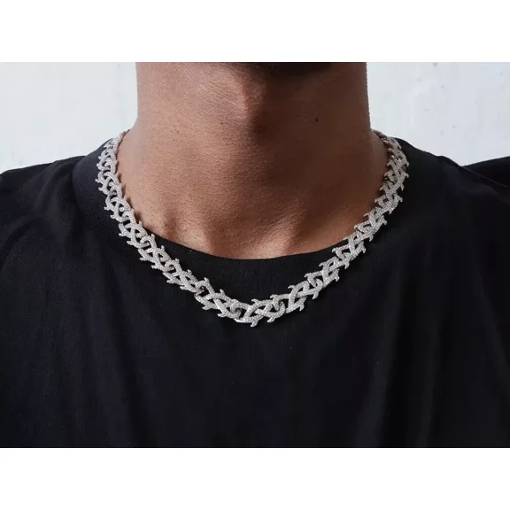 12mm Round Cut Moissanite Cuban Chain Hip Hop in 925 Sterling Silver 14k White Gold Plated