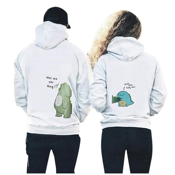 Couples Matching Dinosaur Hoodie Sweatshirt Cute Cartoon Graphic Pullover Hoodie Soft Hooded Sweatshirt for Men and Women Funny Couple Outfit