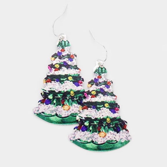 Pierced silver 2 1/2" XL metal multi colored Christmas Tree dangle earrings