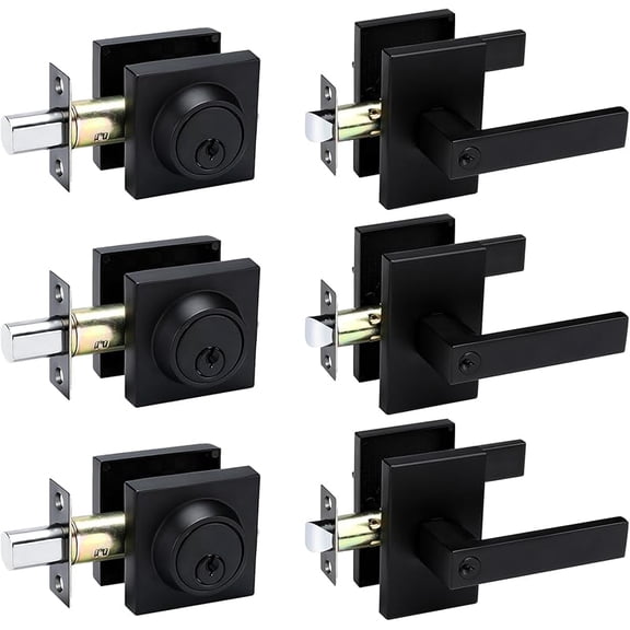 MY Black Exterior Door Lock Set, Front Door Lock Set with Deadbolt, Square Contemporary Matte Black Front Door Lock Sets, Heavy Duty Zinc-alloyed Exterior Door Handle (1 Pack)