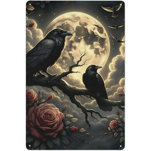 Gothic Raven Crow Flower Halloween Metal Tin Sign Funny Hanging Pictures Vintage And Retro Signs for Decorations for Man Cave Wall 8x12 Inch