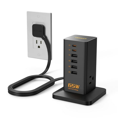 Charging Station for Multiple Devices, TESSAN 9-in-1 USB C Power Strip for iPhone 17/16/15, MacBook, Tablet, Desktop Phone Fast Charger with 3 AC, USB Charger, Home Drom Office Accessories, Black-65W