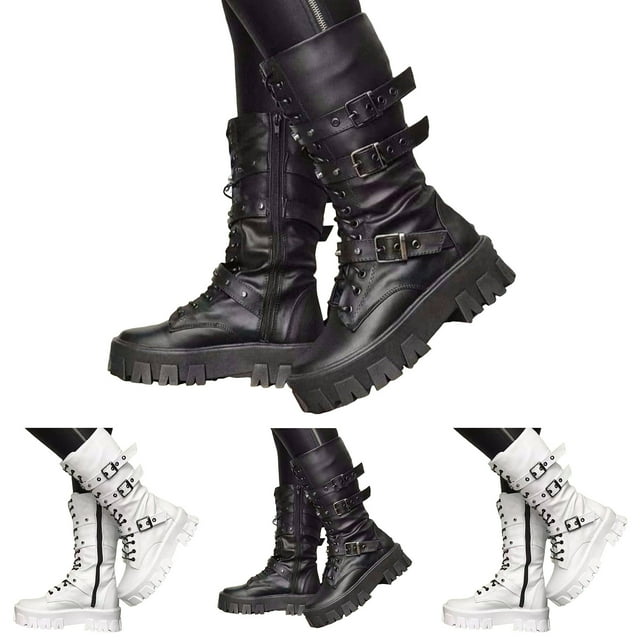 Dakaela Black Platform Goth Boots for Women Buckle Combat Mid Calf Boot Side Zipper Motorcycle Riding Biker Booties Black 8