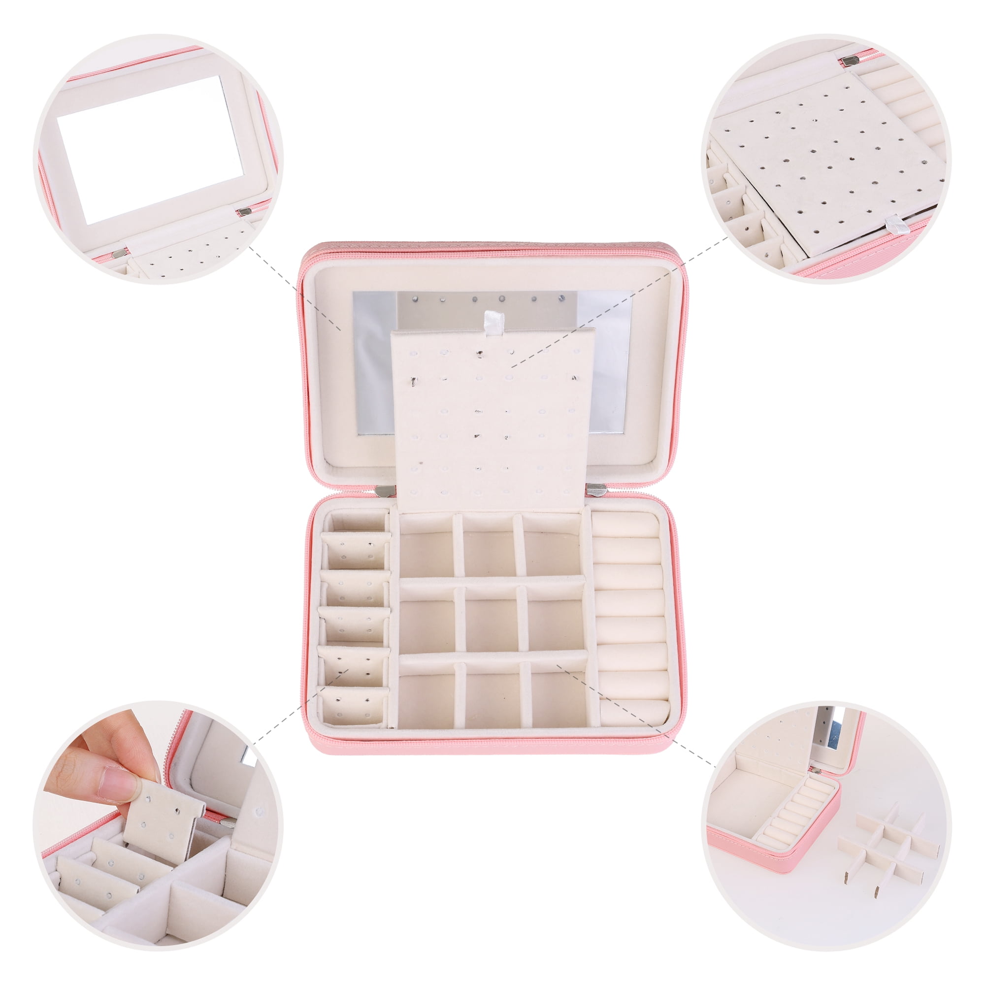 Unique Bargains Travel Jewelry Box with Mirror Portable PU Leather Jewelry Organizer Pink