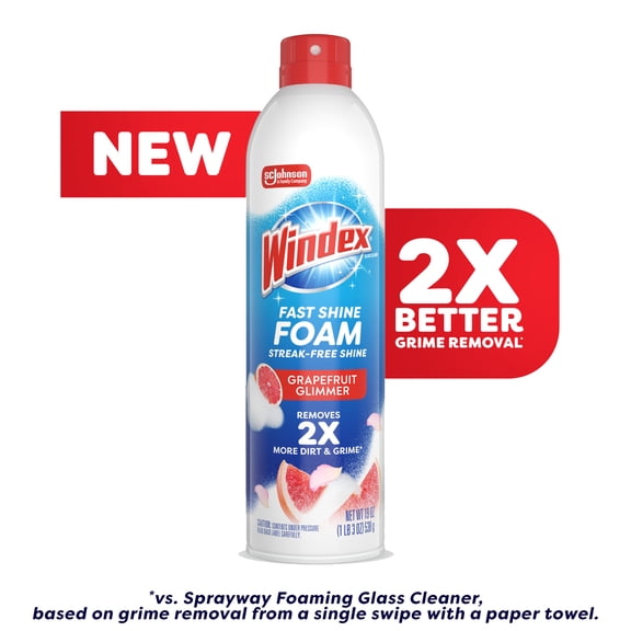 Windex Fast Shine Foam Glass, Window, and Mirror All Purpose Cleaner, No-Drip Aerosol Cleaning Spray, Grapefruit, 19 oz