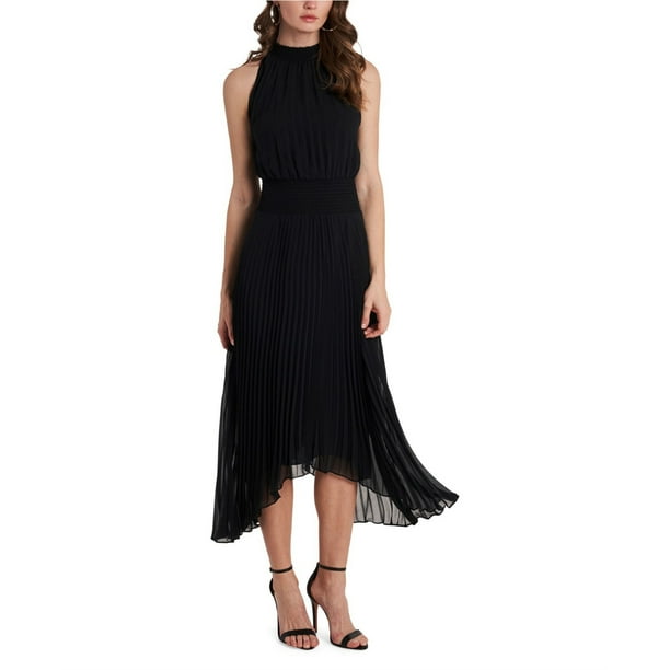 1.STATE Womens Pleated Halter Midi Dress, black, L