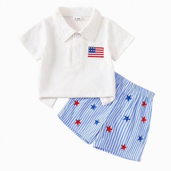 4th of July Baby Boy Outfit Toddler Polo Shirts Gingham Plaid Shorts Set Independence Day Clothes Toddler Summer Clothes White 0-6 Months