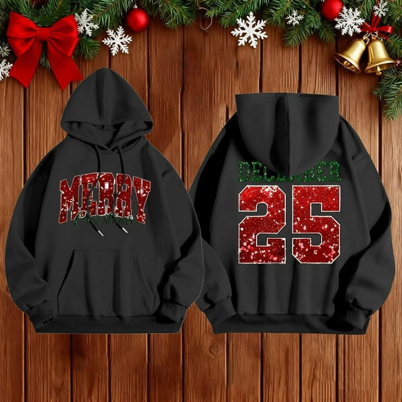 Christmas Sweatshirt Cozy Oversized Pullover Tops Soft Hoody Casual Holiday Long Sleeve Top with Front Pocket for Winter Hoodies for Women Black L