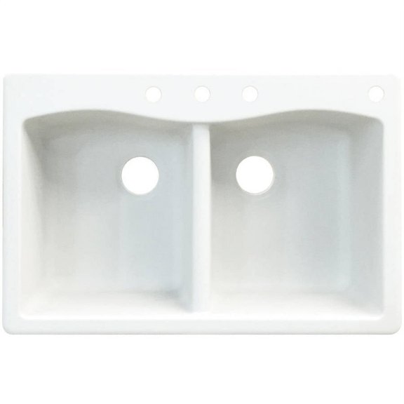 Transolid Aversa 33in x 22in silQ Granite Drop-in Double Bowl Kitchen Sink with 4 CBDE Faucet Holes, In White