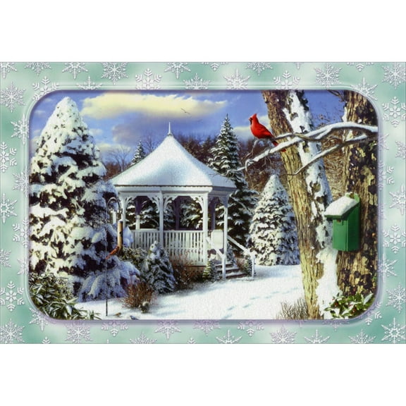 Designer Greetings Snow Covered Gazebo, Evergreen Trees and Cardinal Box of 15 Christmas Cards