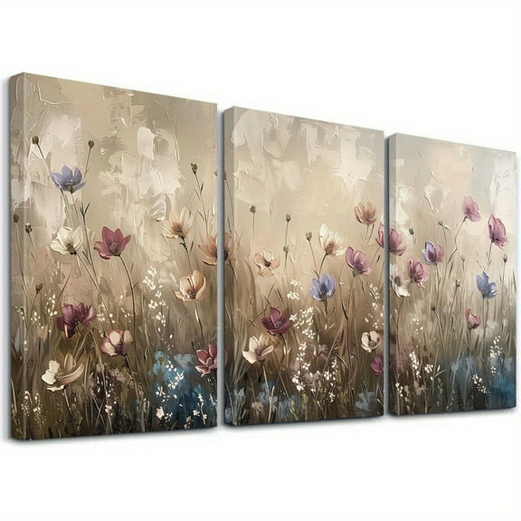 3pcs Framed Canvas Wall Art - Abstract Floral Landscape for Living Room, Bedroom, Office Decor, Modern Rustic Flower Prints, Perfect Holiday Gift