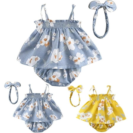 

MyBeauty 3Pcs Kid Baby Girl Floral Print Sleeveless T-shirt Shorts Bow Headband Outfit Yellow 100cm