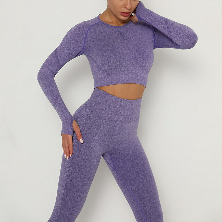 REORIAFEE Gym Clothes for Women Sets Workout Sets Ladies Seamless Hollow  Yoga Long Sleeve Yoga Suit Sports Fitness Running Yoga Set Purple XL 