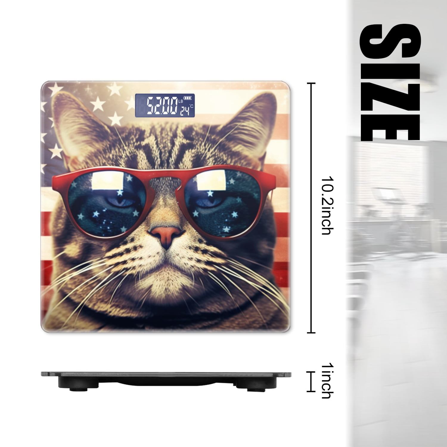 Bathroom Scale, Highly Accurate Digital Body Scale,Precisely Measures Weight up to 400 lbs-Cute Cat Wearing Red Sunglasses With The American Flag In The Background