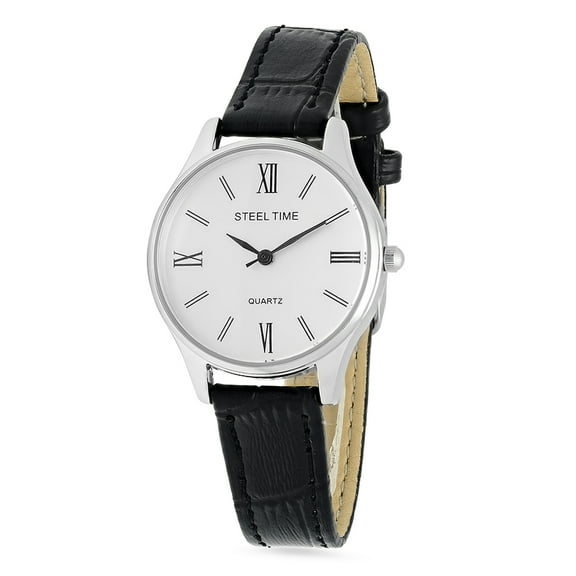 Steeltime Unisex Roman Numeral Alloy Watch with Quartz Movement and Stylish Black Vegan Leather Band