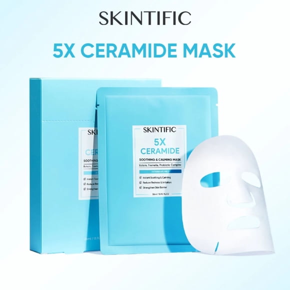SKINTIFIC 5X Ceramide Soothing & Calming Mask – Hydrating Sheet Mask for Sensitive Skin, Redness Relief, Skin Barrier Repair, 4 Sheets